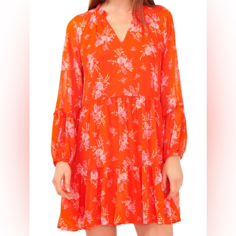 Vince Camuto Chiffon Dress Lined Bishop Sleeves V-neck Ruffle Necklines